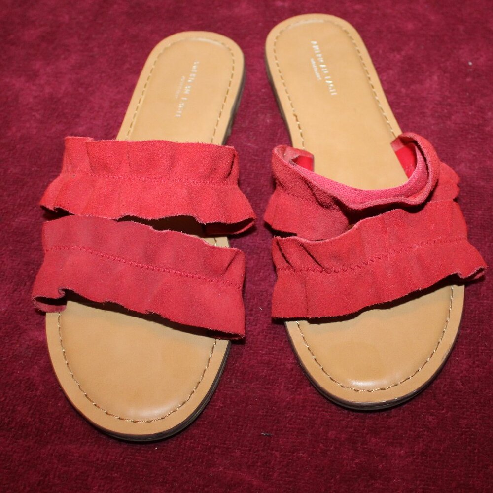 American Eagle Outfitters Red Suede Ruffle Slides